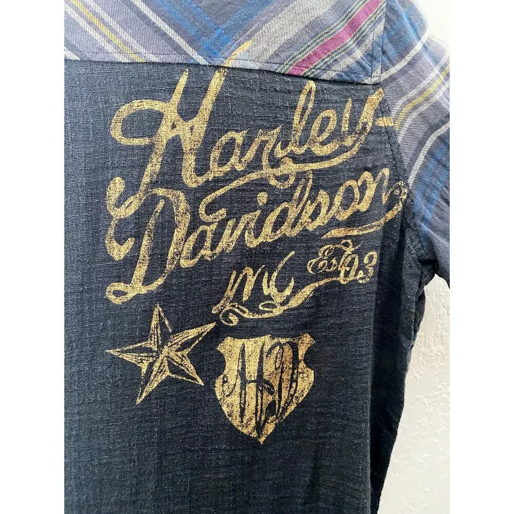 Harley Davidson Womens Blue Plaid Cotton Gauzy Long Sleeve Button Up Shirt Biker